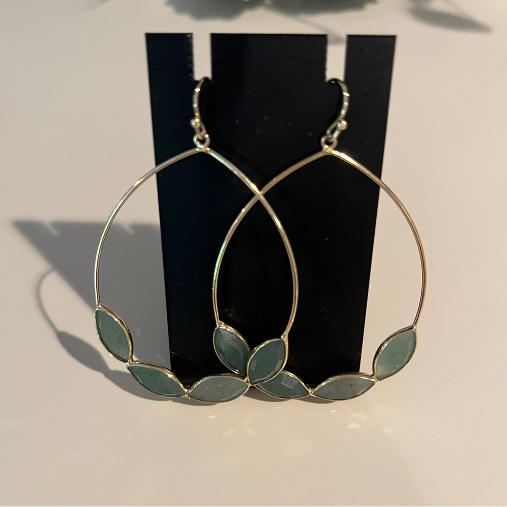 Anthropologie Teardrop Earrings. Gold with green gemstones. Like New.